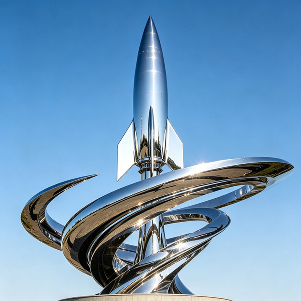 Large Polished Metal Rocket Sculpture for Public Plazas