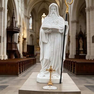 Hand-Carved White Marble Saint Benedict Statue