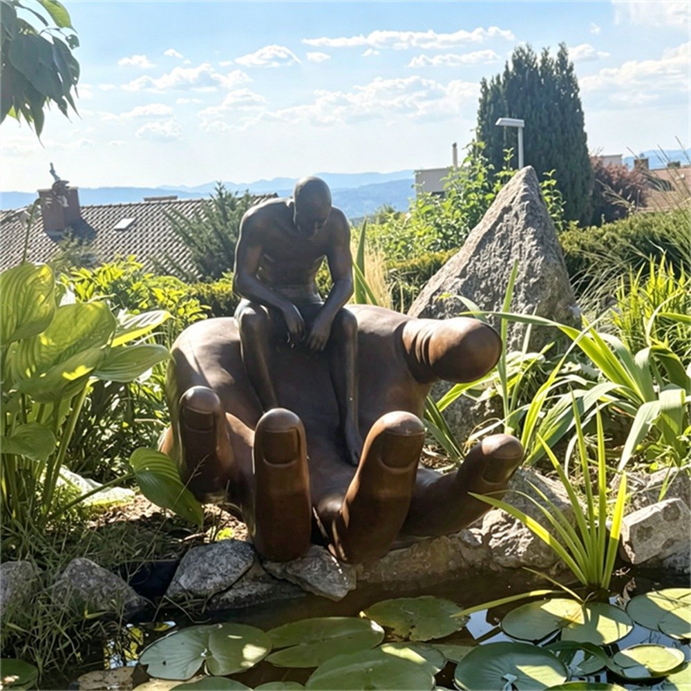 Large Bronze Garden Sculpture of Abstract Thinker on Hand MLBS-381 Large Bronze Garden Sculpture of Abstract Thinker on Hand