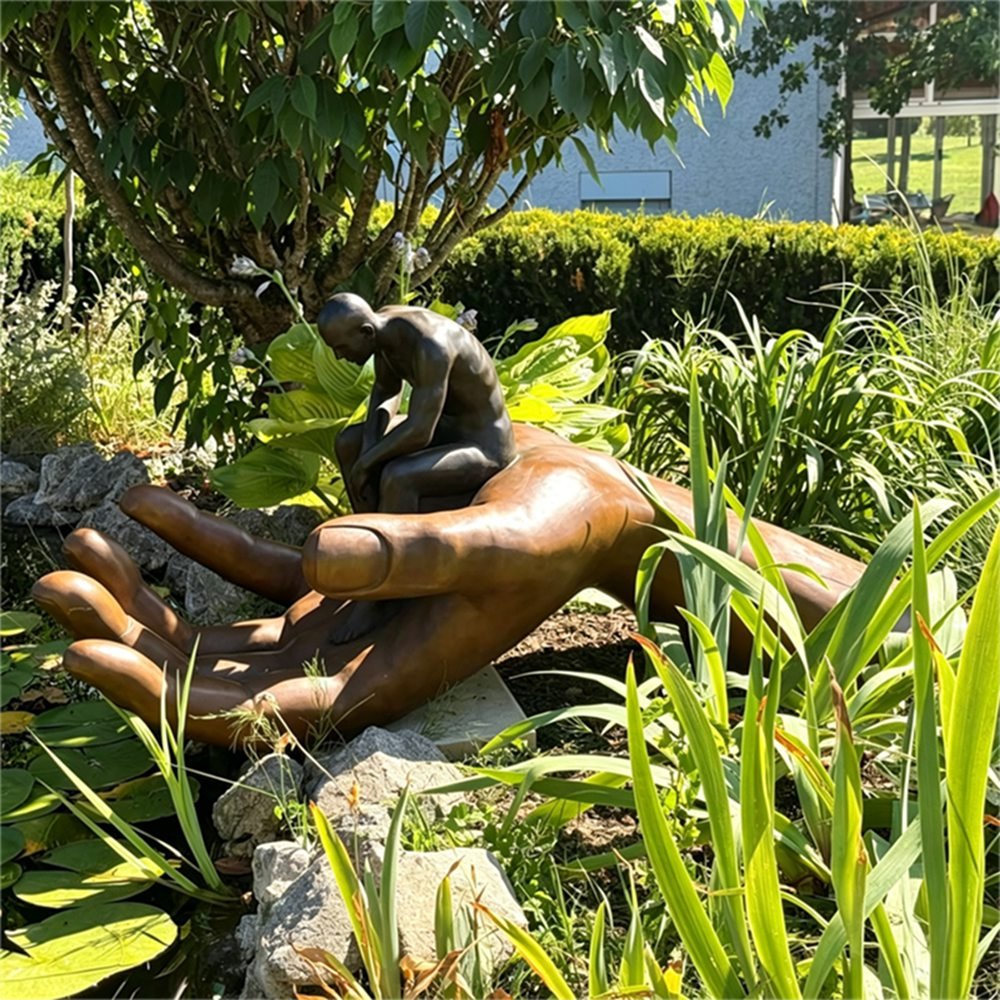 Large Bronze Garden Sculpture of Abstract Thinker on Hand MLBS-381 Large Bronze Garden Sculpture of Abstract Thinker on Hand