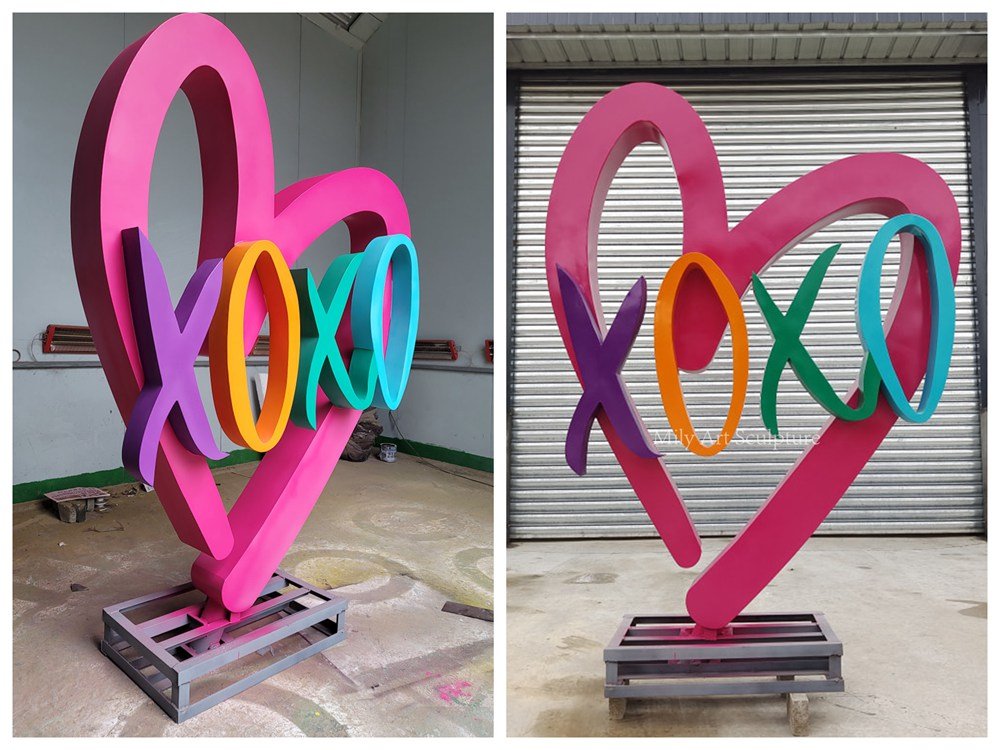 Colorful Outdoor Metal Love Sculpture with Heart and XOXO Design Details