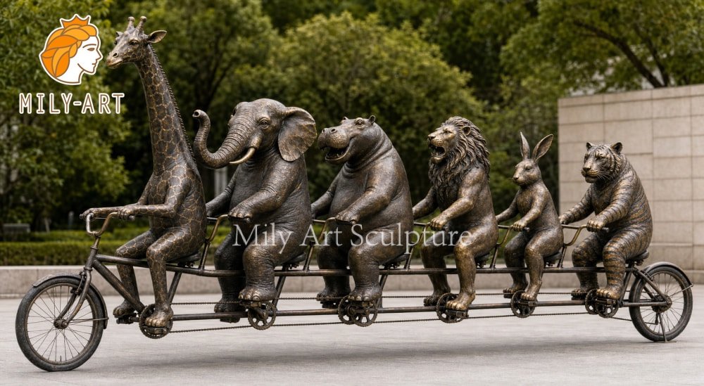Custom Bronze Animal Bicycle Sculpture – Wildlife Conservation Outdoor Statue