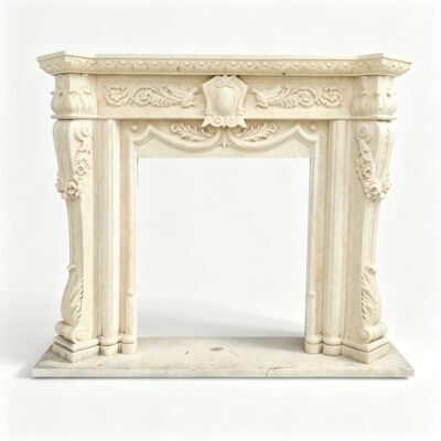 Hand-Carved Beige Marble Fireplace Surround with Floral Relief