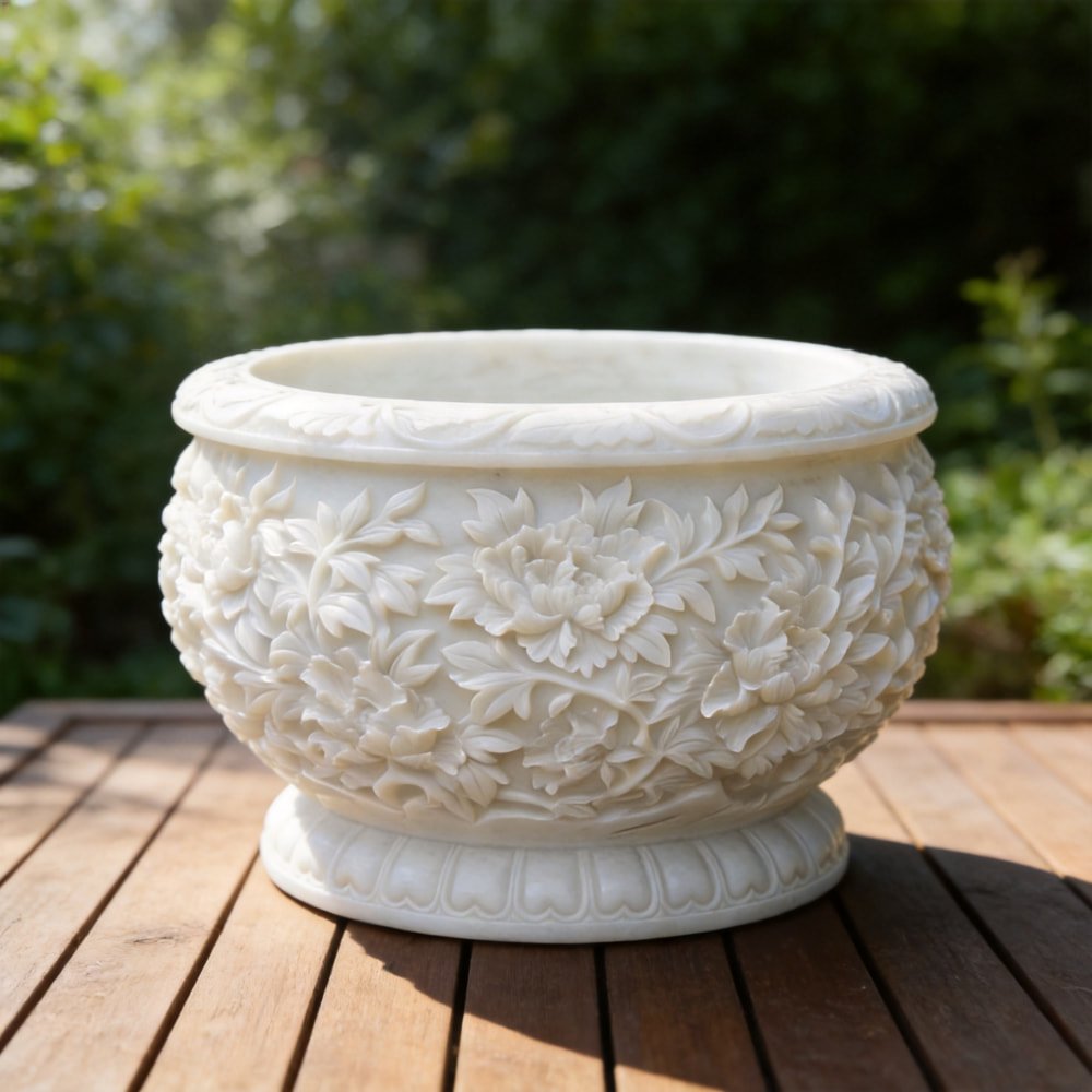 Hand-Carved Stone Planter with Peony Flower Relief MLMS-451 Hand-Carved Stone Planter with Peony Flower Relief