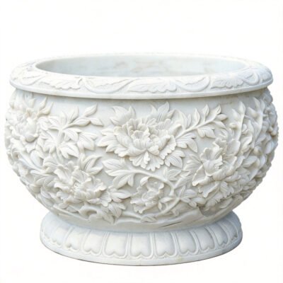 Hand-Carved Stone Planter with Peony Flower Relief