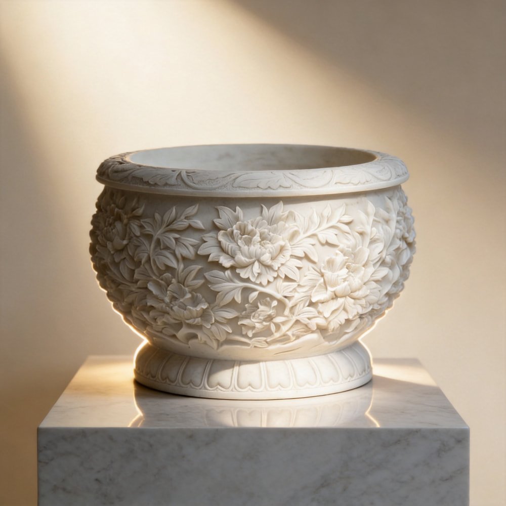 Hand-Carved Stone Planter with Peony Flower Relief MLMS-451 Hand-Carved Stone Planter with Peony Flower Relief