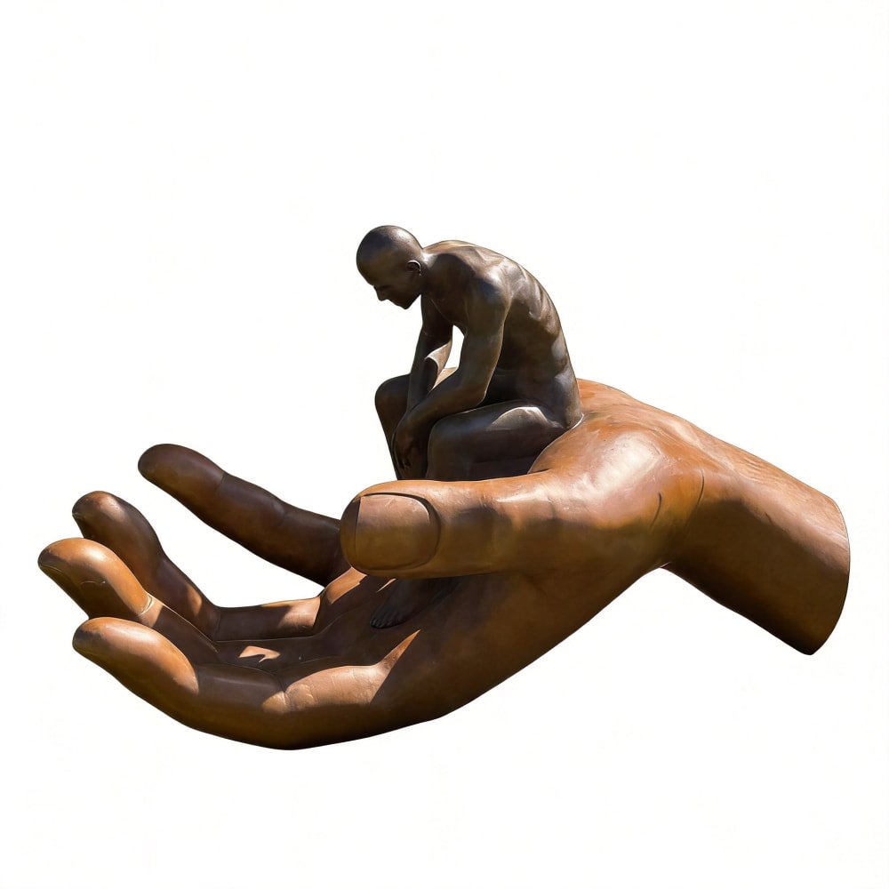 Large Bronze Garden Sculpture of Abstract Thinker on Hand