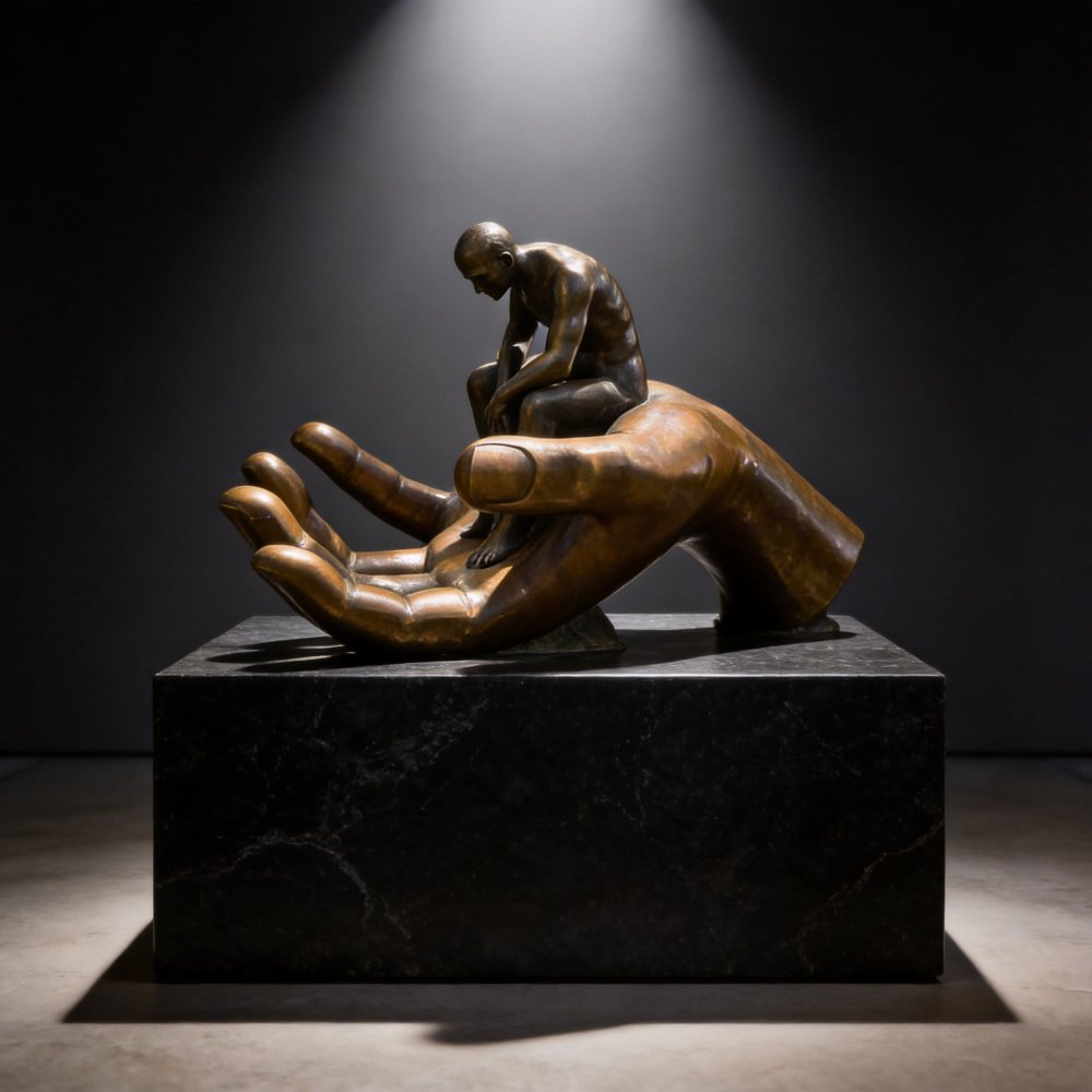 Large Bronze Garden Sculpture of Abstract Thinker on Hand MLBS-381 Large Bronze Garden Sculpture of Abstract Thinker on Hand