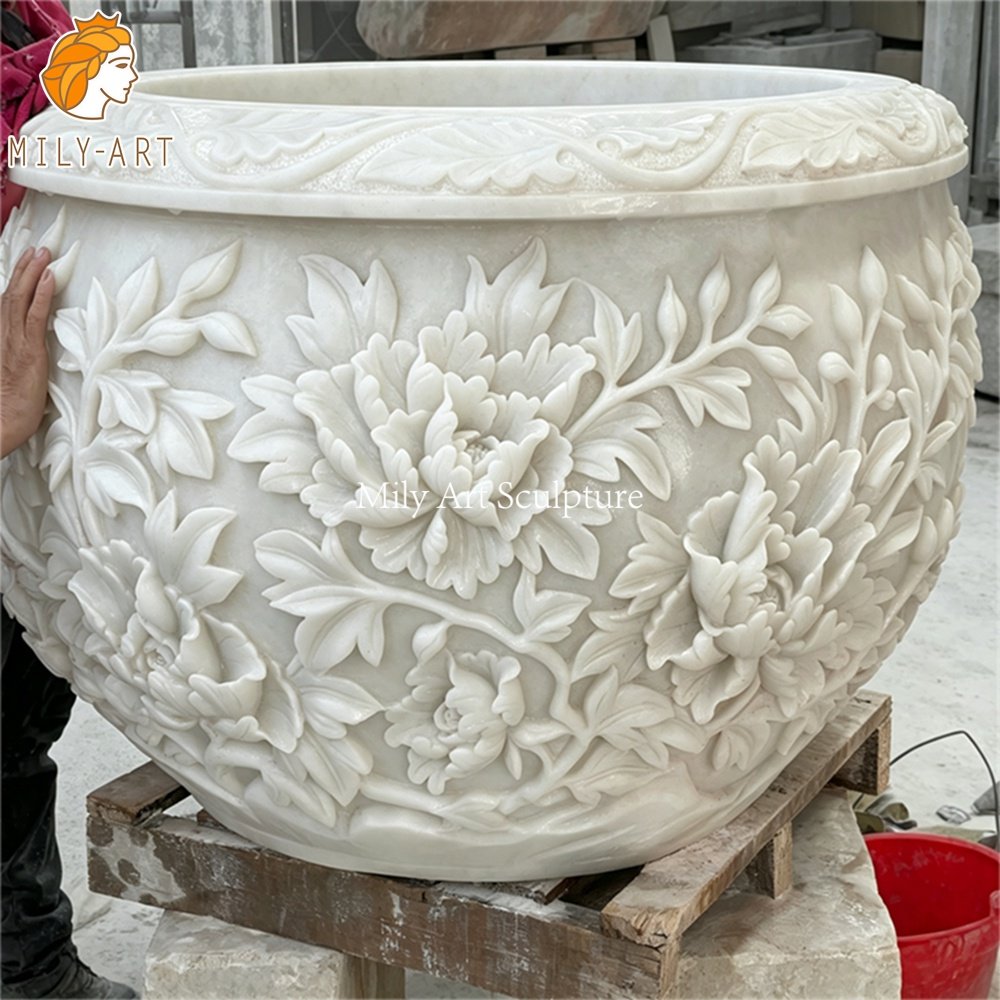 Hand-Carved Stone Planter with Peony Flower Relief MLMS-451 Hand-Carved Stone Planter with Peony Flower Relief