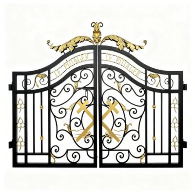 Wrought Iron Gate with Gold-Finished Leaf Decorations