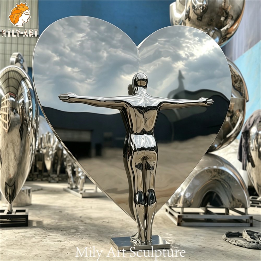 Modern Stainless Steel Heart Sculpture with Open-Armed Human Figure MLSS-265 Heart Sculpture with Open-Armed Human Figure