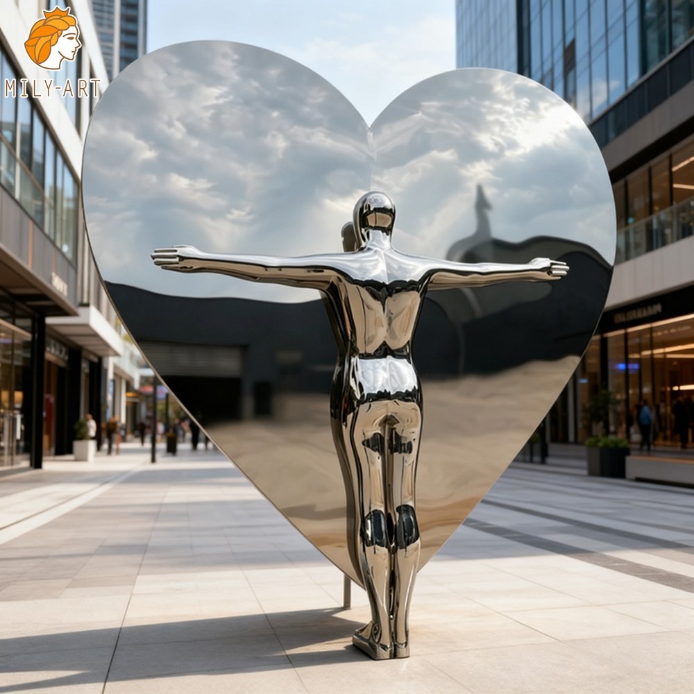 Modern Stainless Steel Heart Sculpture with Open-Armed Human Figure MLSS-265 Heart Sculpture with Open-Armed Human Figure