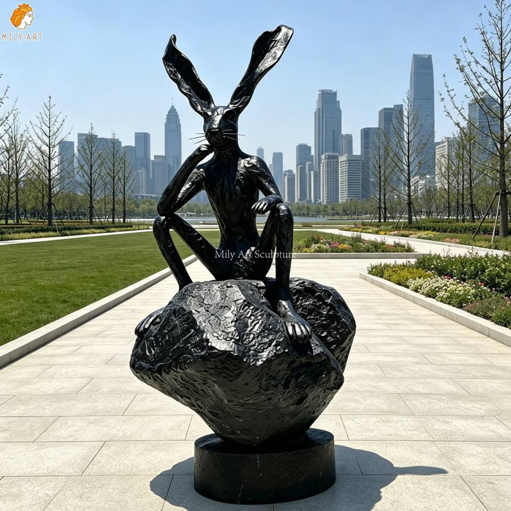 Bronze Abstract Rabbit Thinker on a Rock Sculpture for Park