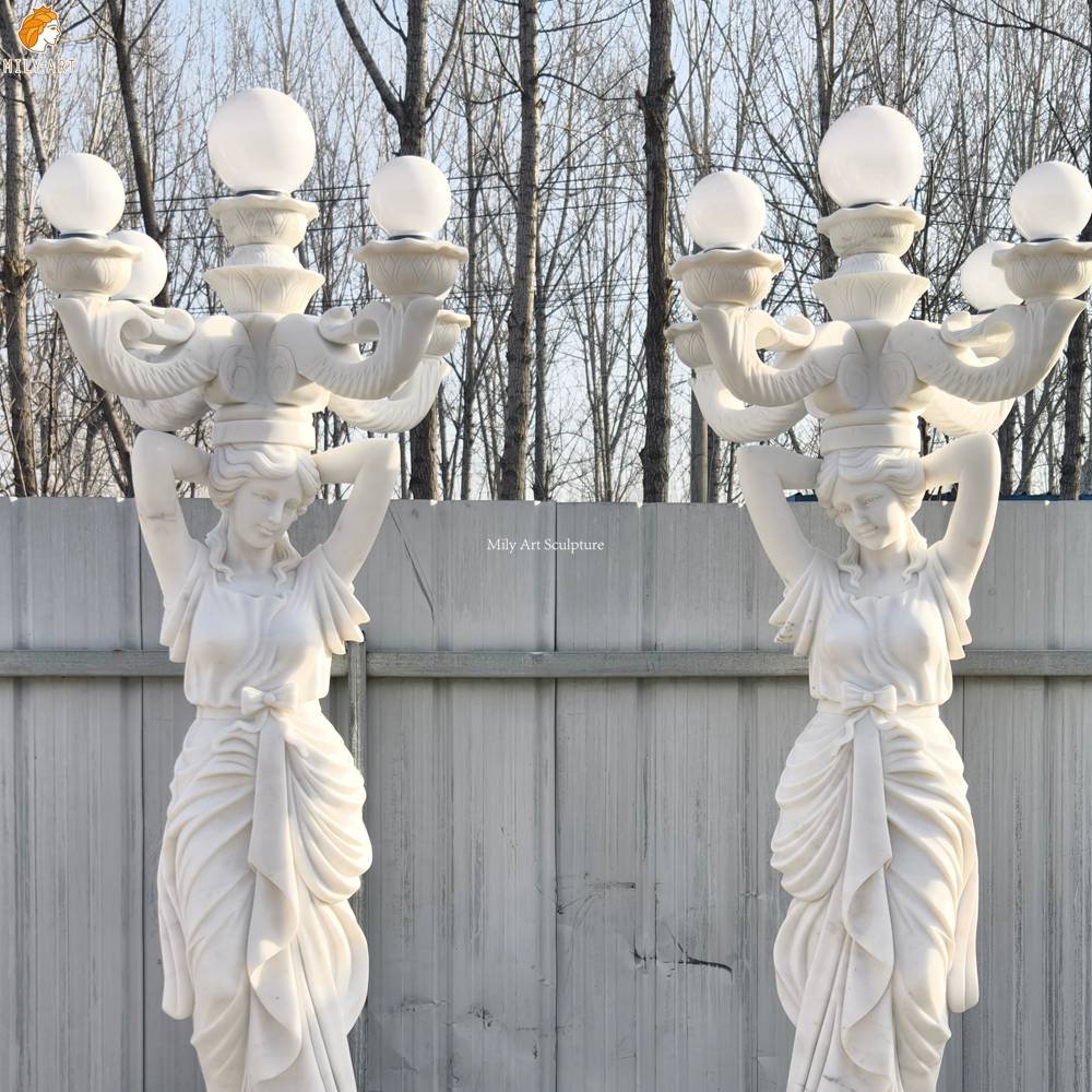 Hand Carved Neoclassical White Marble Female Statue Lamp MLMS-459 Hand Carved Neoclassical White Marble Female Statue Lamp Detail