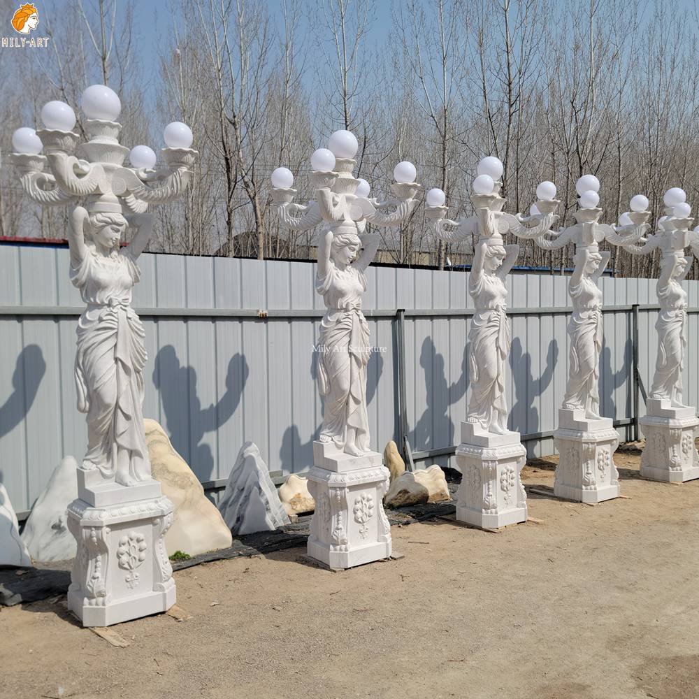 Hand Carved Neoclassical White Marble Female Statue Lamp MLMS-459 Hand Carved Neoclassical White Marble Female Statue Lamp Side View