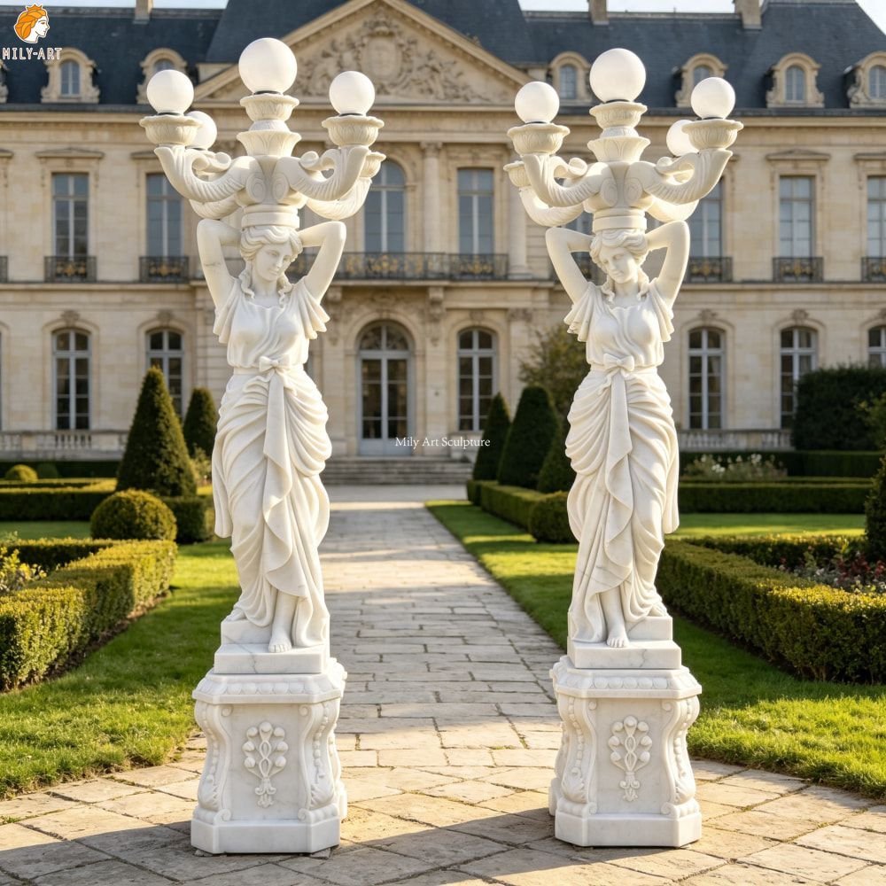 Hand Carved Neoclassical White Marble Female Statue Lamp MLMS-459 Hand Carved Neoclassical White Marble Female Statue Lamp for Manor