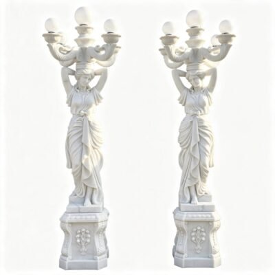 Hand Carved Neoclassical White Marble Female Statue Lamp