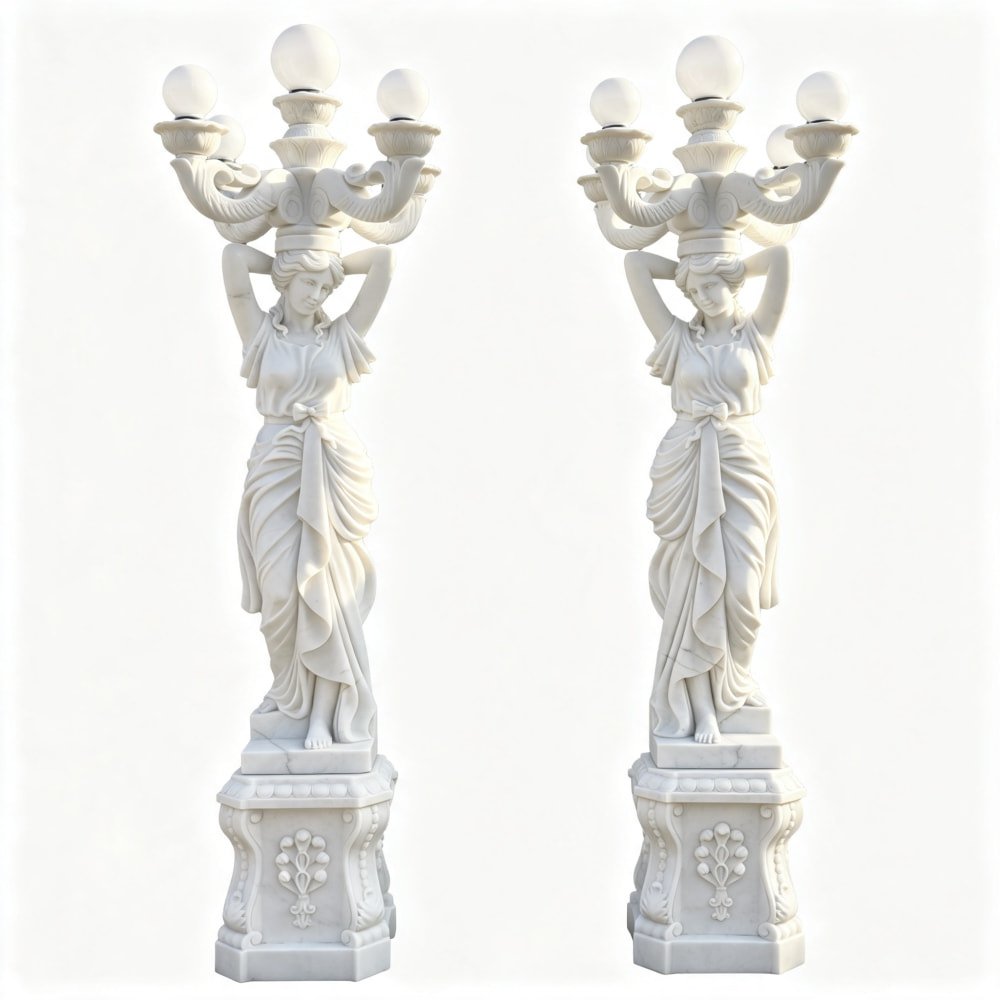 Hand Carved Neoclassical White Marble Female Statue Lamp