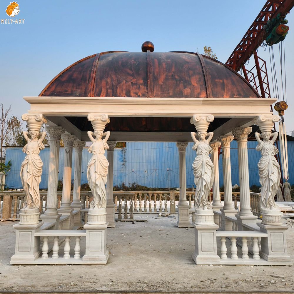Hand-Carved Square White Marble Gazebo with Female Figure Columns MLMS-461 Hand-Carved Square White Marble Gazebo with Female Figure Columns Front View