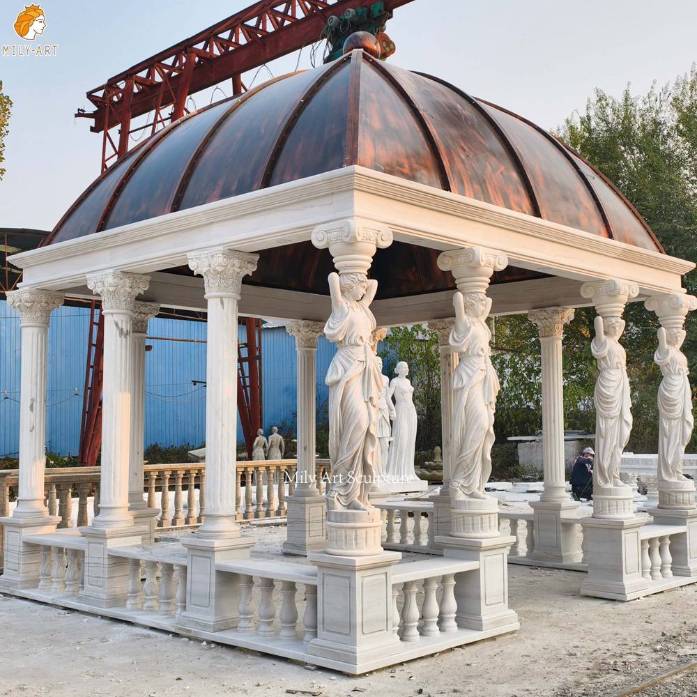 Hand-Carved Square White Marble Gazebo with Female Figure Columns MLMS-461 Hand-Carved Square White Marble Gazebo with Female Figure Columns Side View