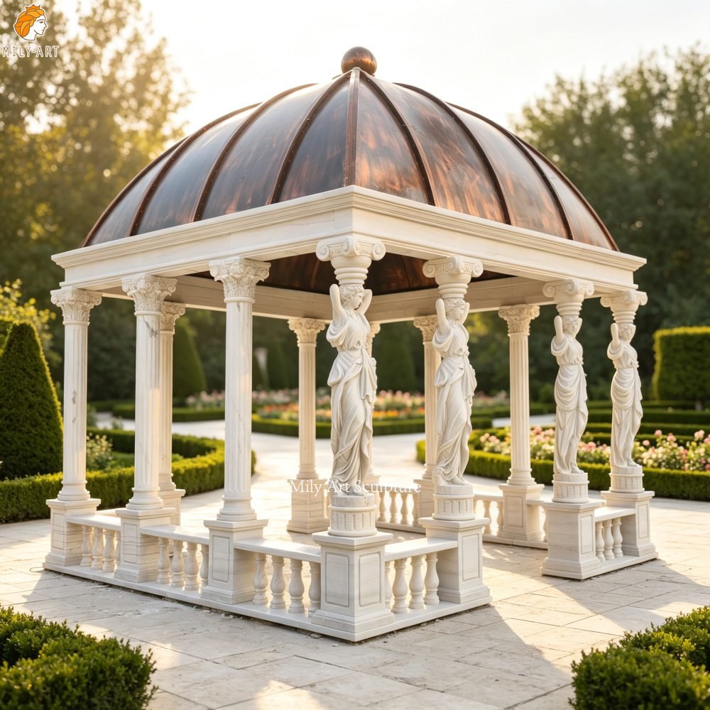 Hand-Carved Square White Marble Gazebo with Female Figure Columns MLMS-461 Hand-Carved Square White Marble Gazebo with Female Figure Columns for Garden