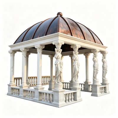 Hand-Carved Square White Marble Gazebo with Female Figure Columns
