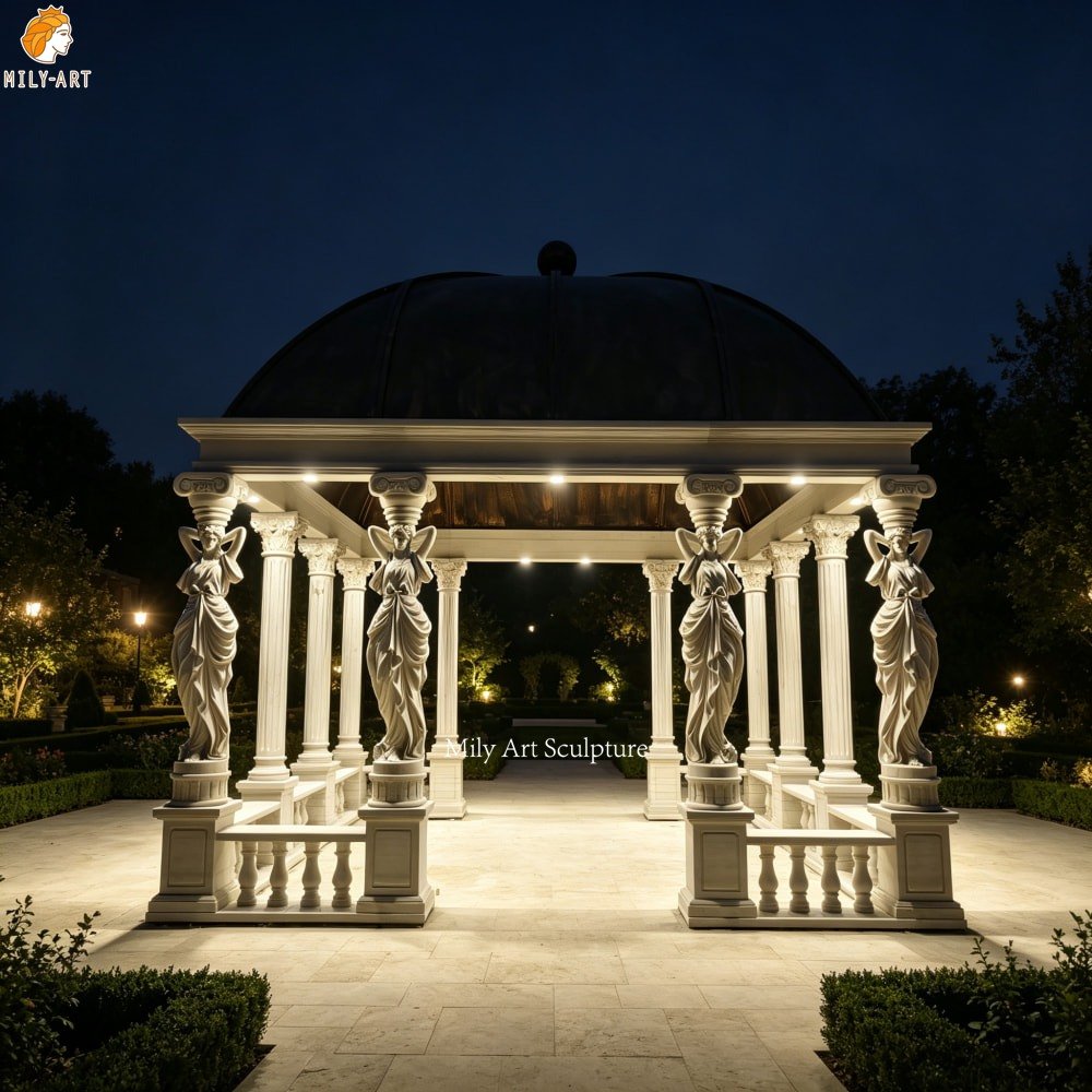 Hand-Carved Square White Marble Gazebo with Female Figure Columns MLMS-461 Hand-Carved Square White Marble Gazebo with Female Figure Columns
