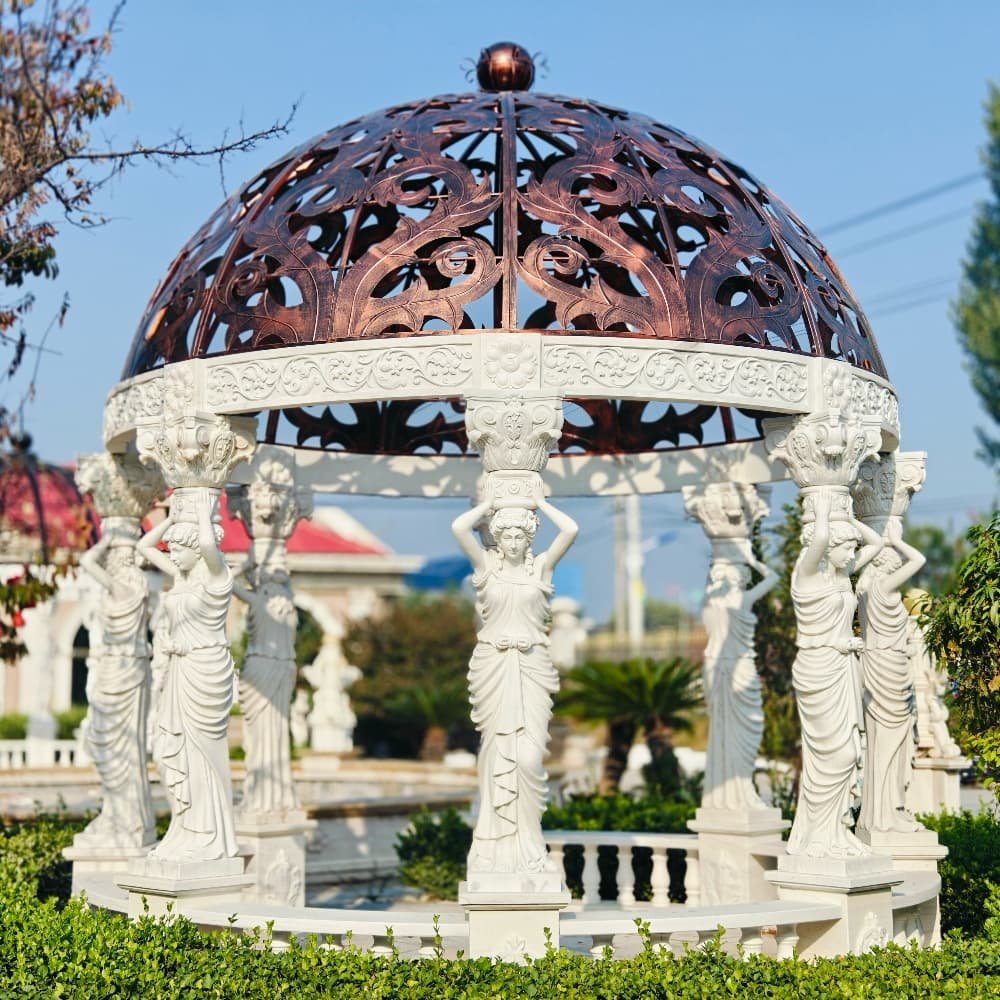 Hand-carved marble gazebo with an ornate iron roof