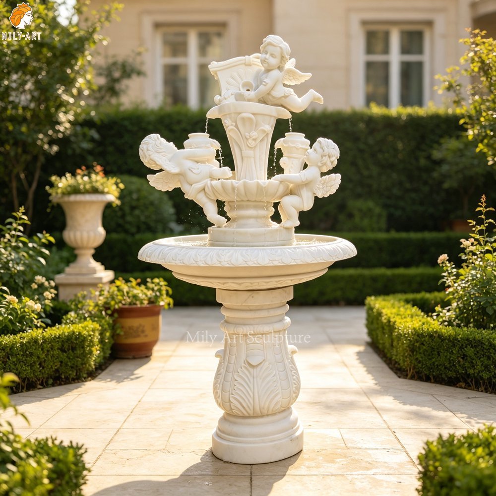 Marble Cherub Angel Garden Fountain | Outdoor Water Feature MLMS-458 Marble Cherub Angel Garden Fountain for Garden