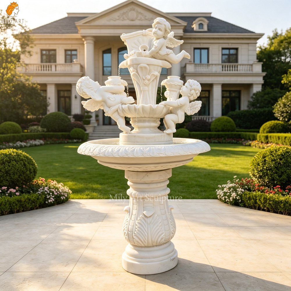 Marble Cherub Angel Garden Fountain | Outdoor Water Feature MLMS-458 Marble Cherub Angel Garden Fountain for Villa