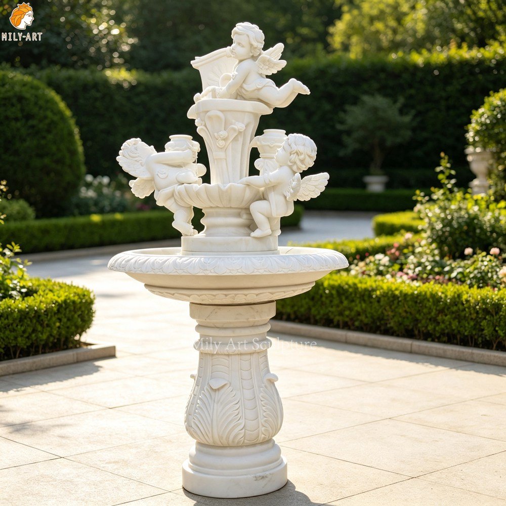 Marble Cherub Angel Garden Fountain | Outdoor Water Feature MLMS-458 Marble Cherub Angel Garden Fountain for Yard