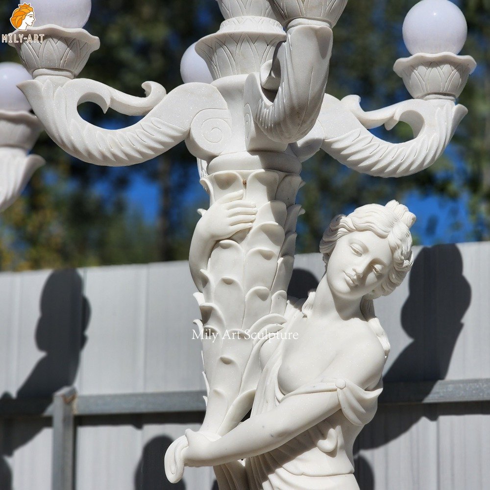 Outdoor Marble Lamp Posts Feature White Marble Grecian Maiden Statues MLMS-460 Outdoor Marble Lamp Posts Feature White Marble Grecian Maiden Statues Detail