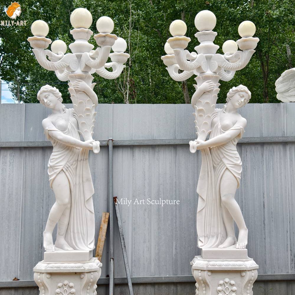 Outdoor Marble Lamp Posts Feature White Marble Grecian Maiden Statues MLMS-460 Outdoor Marble Lamp Posts Feature White Marble Grecian Maiden Statues Factory Photo