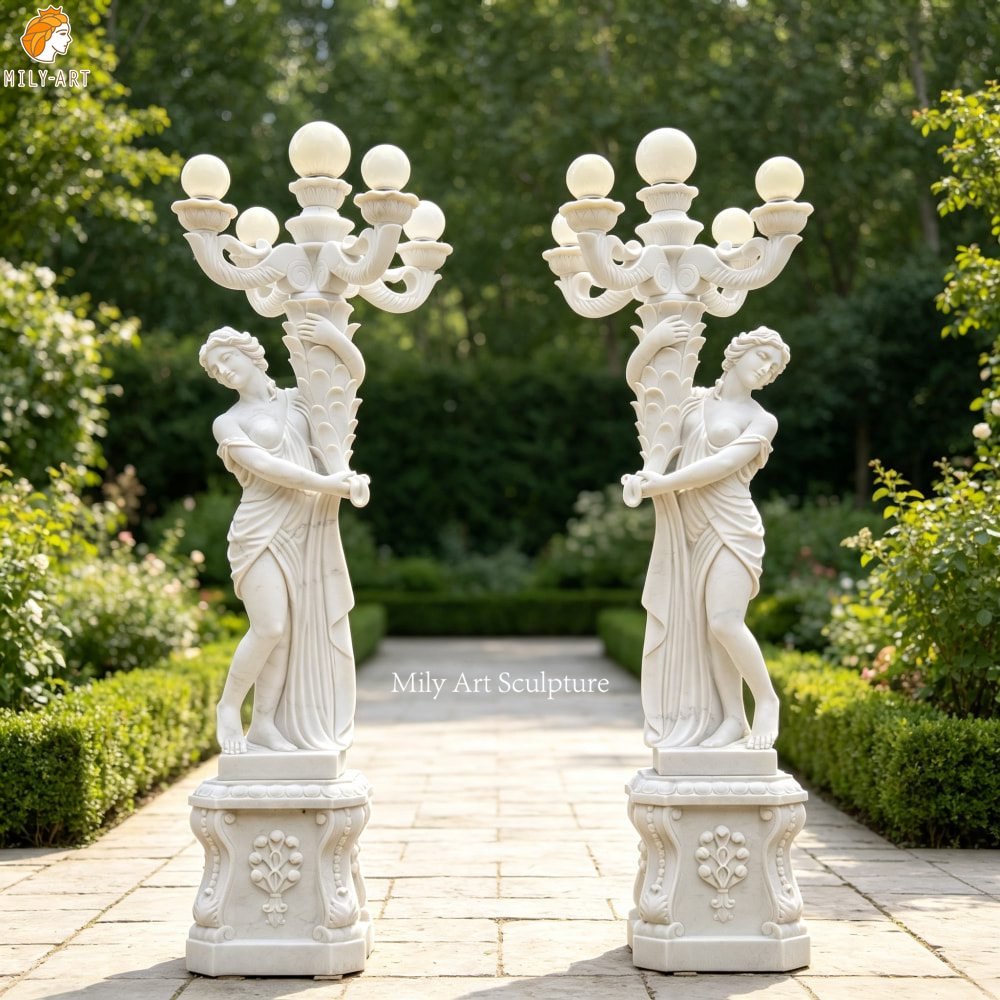 Outdoor Marble Lamp Posts Feature White Marble Grecian Maiden Statues MLMS-460 Outdoor Marble Lamp Posts Feature White Marble Grecian Maiden Statues for Garden