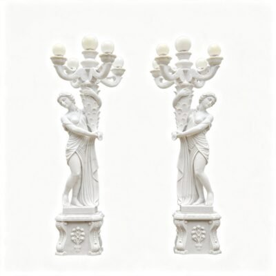 Outdoor Marble Lamp Posts Feature White Marble Grecian Maiden Statues