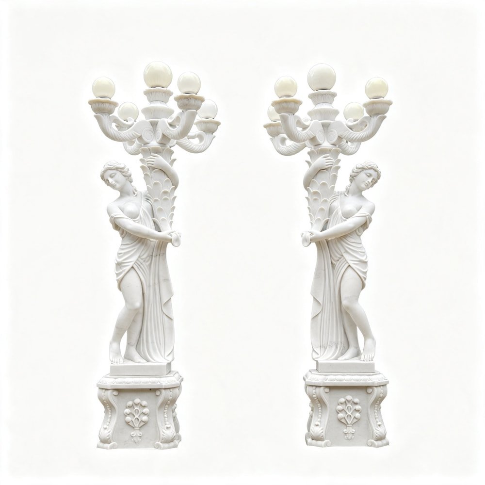 Outdoor Marble Lamp Posts Feature White Marble Grecian Maiden Statues