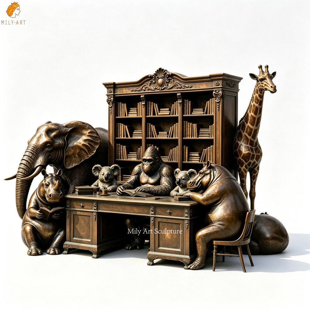 Large Bronze Sculpture Group of Anthropomorphic Animals Reading Books MLBS-401 Brown Large Bronze Sculpture Group of Anthropomorphic Animals Reading Books