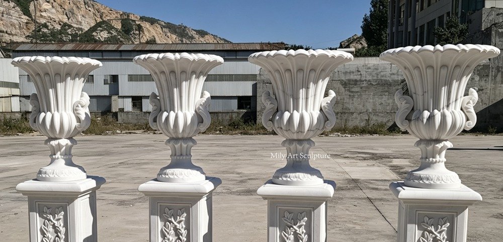 Classical White Marble Garden Urn Planter with Carved Pedestal Base MLMS-467 Classical White Marble Garden Urn Planters Detail