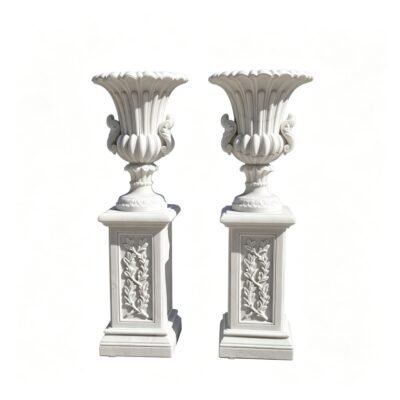 Classical White Marble Garden Urn Planters with Carved Pedestal Base
