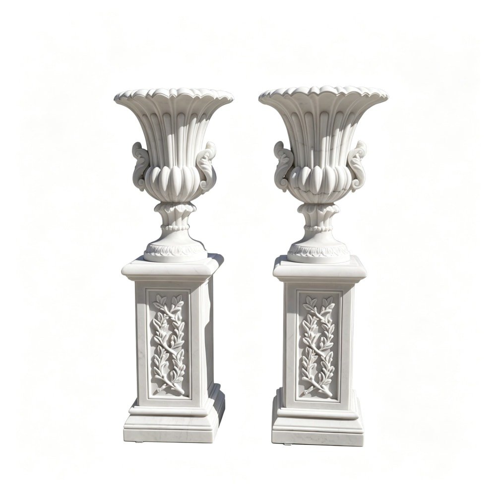 Classical White Marble Garden Urn Planter with Carved Pedestal Base MLMS-467