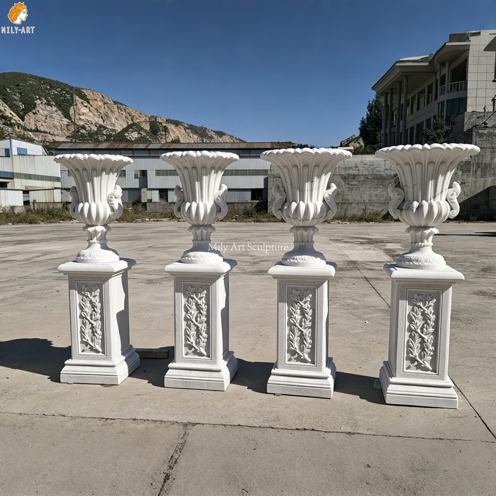 Classical White Marble Garden Urn Planter with Carved Pedestal Base MLMS-467 Classical White Marble Garden Urn Planters with Carved Pedestal Base