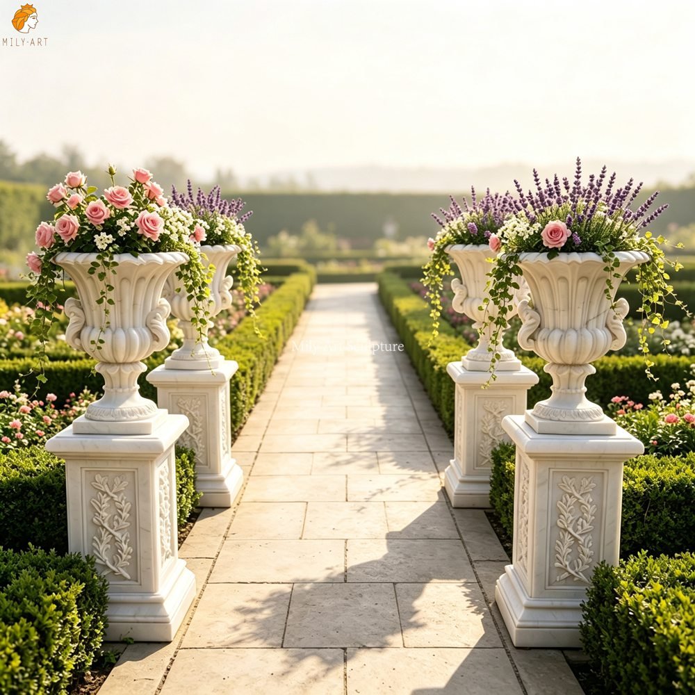 Classical White Marble Garden Urn Planter with Carved Pedestal Base MLMS-467 Classical White Marble Urn Planters with Carved Pedestal Base for Garden