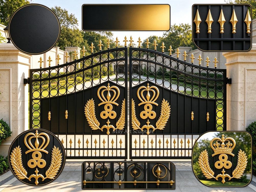 Wrought Iron Gate with Gold Emblem Panels MLIS-150 Color Combination of Wrought Iron Gate with Gold Emblem Panels