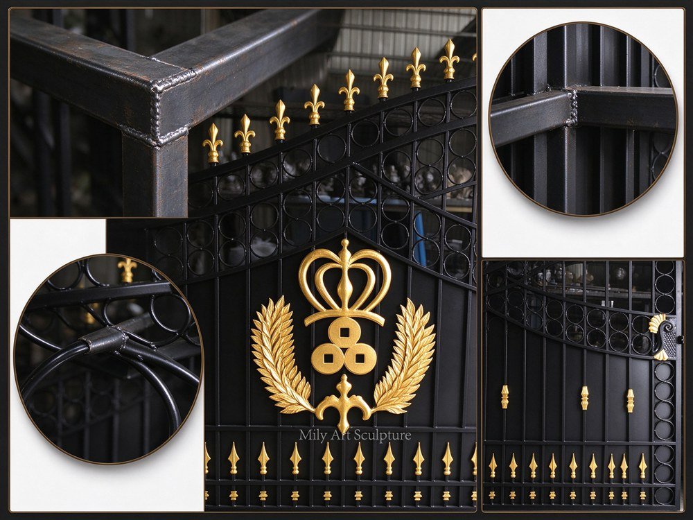 Wrought Iron Gate with Gold Emblem Panels MLIS-150 Craftsmanship Details of Wrought Iron Gate with Gold Emblem Panels