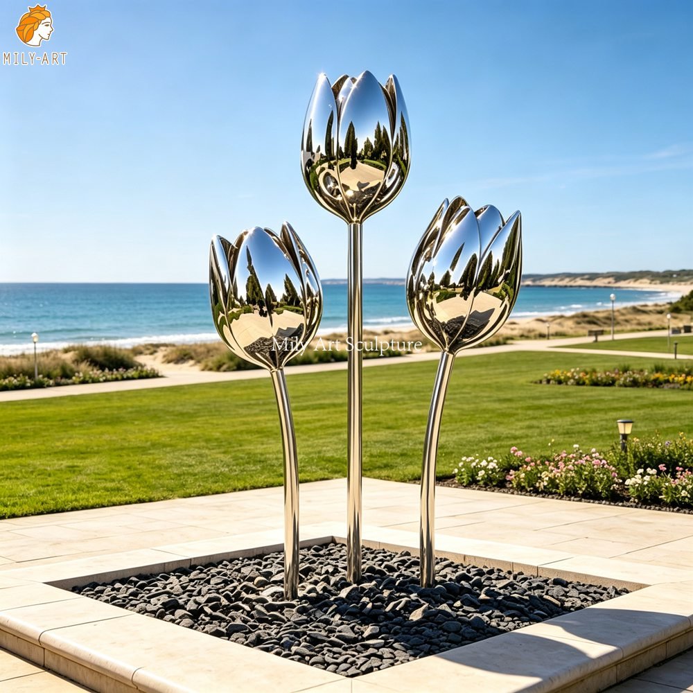 Custom Stainless Steel Giant Tulip Sculpture for Seaside Lawn