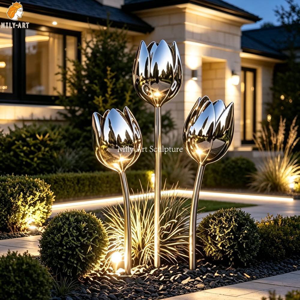 Custom Stainless Steel Giant Tulip Sculpture MLSS-279 Custom Stainless Steel Giant Tulip Sculpture with Light Decor
