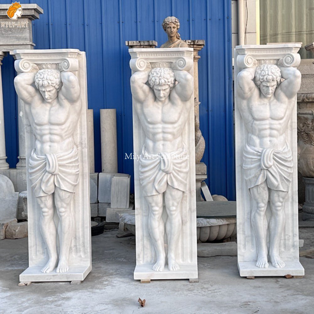 Hand-Carved Marble Architectural Pillars featuring Classical Figure Sculptures MLMS-469 Hand-Carved Marble Architectural Pillars featuring Classical Figure Sculptures Front View