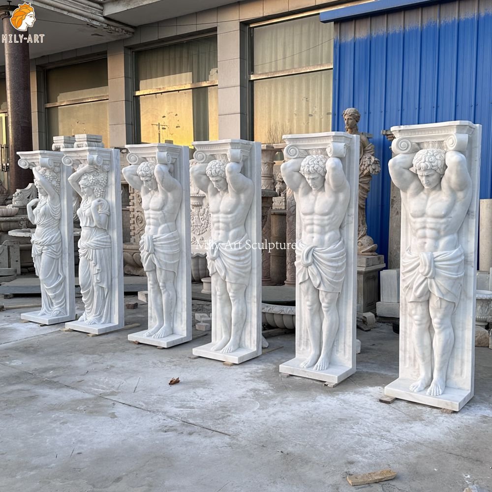 Hand-Carved Marble Architectural Pillars featuring Classical Figure Sculptures MLMS-469 Hand-Carved Marble Architectural Pillars featuring Classical Figure Sculptures Side View