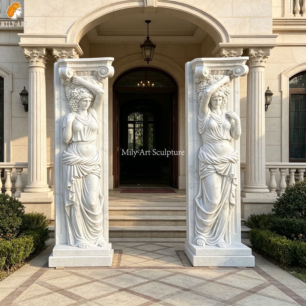 Hand-Carved Marble Architectural Pillars featuring Classical Figure Sculptures MLMS-469 Hand-Carved Marble Architectural Pillars featuring Classical Figure Sculptures for Entrance Decor