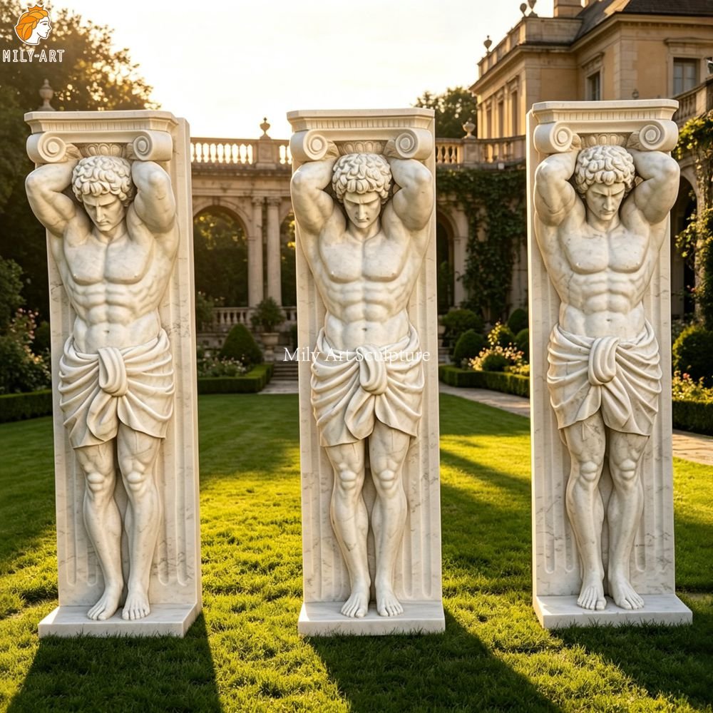 Hand-Carved Marble Architectural Pillars featuring Classical Figure Sculptures MLMS-469 Hand-Carved Marble Architectural Pillars featuring Classical Figure Sculptures for Lawn Decor